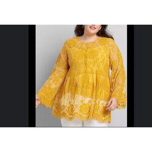 Lane Bryant Yellow Embroidered Sheer Mesh Babydoll Tunic Blouse Top Size 22 / 24
